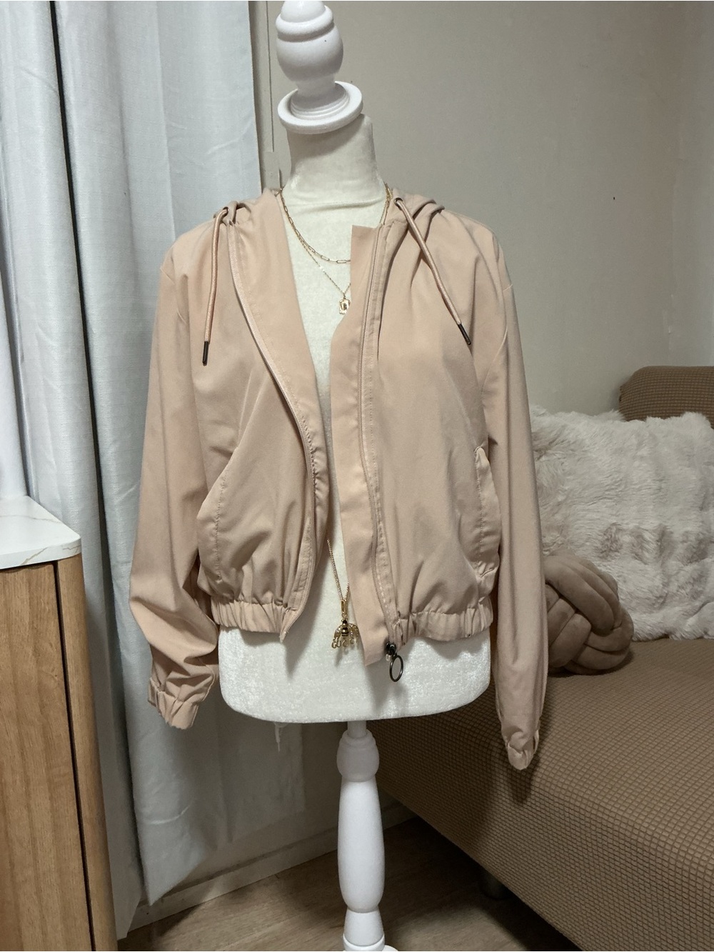 Hippie Rose Light Beige Hooded Bomber Jacket